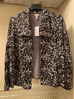 NEW Chico's Size 3 Black, White & Brown Open-Front Patterned Jacket